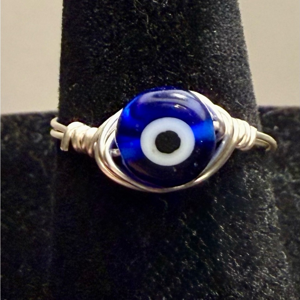 Ring - size 7 - evil eye - wire wrapped - blue & white - New! - Picture 2 of 10